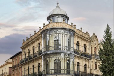 Salamanca şehrinde krem rengi taştan yapılmış süslü bir binanın cam köşesi.