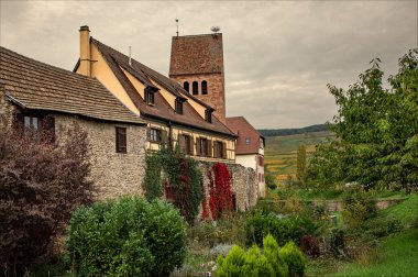 Kientzheim, Haut-Rhin, Alsace, Fransa - 18 Ekim 2024 - Arka planda üzüm bağları bulunan Kientzheim kasabasının ortaçağ duvarları