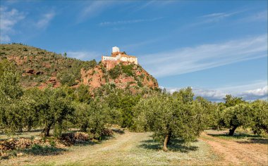 Carretera, Colldejou, Mont-Rig, İspanya - 12 Aralık 2024 - Kayalık bir çıkıntının tepesindeki zeytin ağaçlarının arasından yukarı bakan