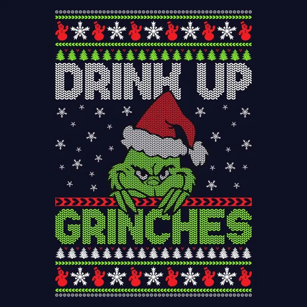 Drink Grinches Brutti Disegni Maglione Natale Grafica Vettoriale — Vettoriale Stock