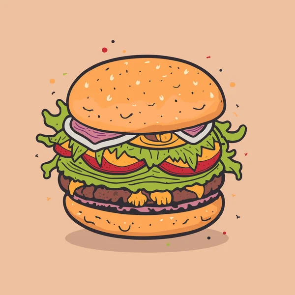 Hand Drawn Double Cheeseburger Colorful Burger Vector Illustration — Stock Vector
