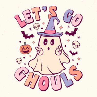 Hadi Ghouls - Retro Groovy Cadılar Bayramı tişört tasarımı, vektör grafiği
