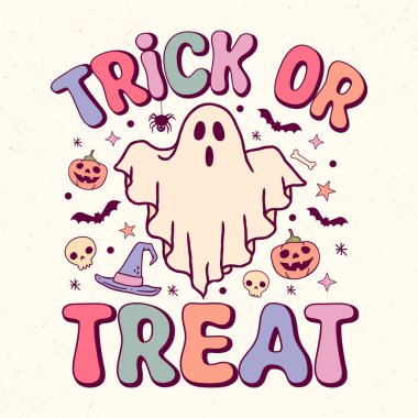 Şaka mı şeker mi - Retro Groovy Halloween t-shirt tasarımı, vektör grafiği