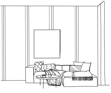 Oda içi çizimi. El yapımı kanepe.