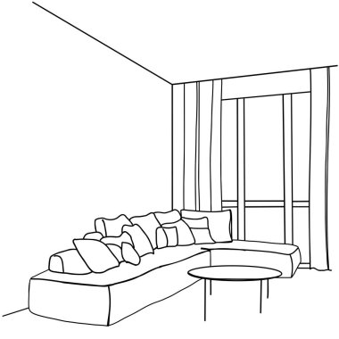 Oda içi çizimi. El yapımı kanepe.