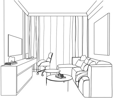 Oda içi çizimi. El yapımı kanepe.