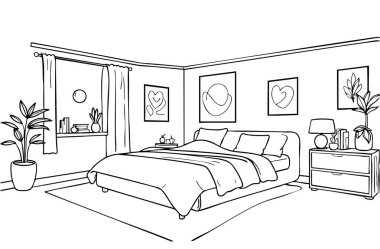 Yatak odası iç kroki. Elle çizilmiş mobilya