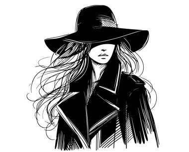 Güzel genç kadın palto ve şapka. Şık giyim kıyafet. Moda bakmak. Kroki. Vektör çizim.