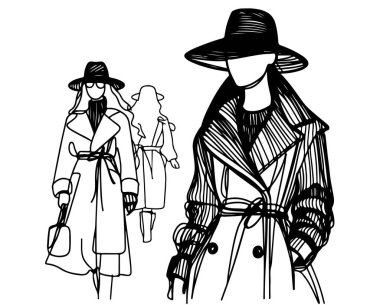 Güzel genç kadın palto ve şapka. Şık giyim kıyafet. Moda bakmak. Kroki. Vektör çizim.
