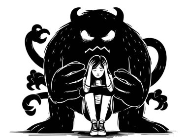 Arkasında korkunç canavar gölgesi olan depresif bir kız. Depresyon, psikolojik bozukluk, akıl sağlığı, endişe, yalnızlık konsepti. El Çizimi karakter vektör tasarımı İllüstrasyonu.