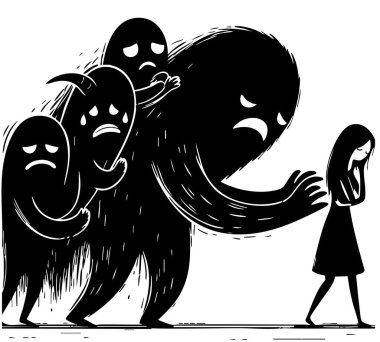 Arkasında korkunç canavar gölgesi olan depresif bir kız. Depresyon, psikolojik bozukluk, akıl sağlığı, endişe, yalnızlık konsepti. El Çizimi karakter vektör tasarımı İllüstrasyonu.