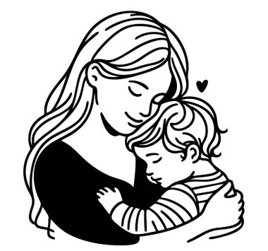 Soyut bir anne ve sürekli bir çizgi çizen bir çocuk. Anneler günü kartı. Bir kadın bebeğine sarılıyor. Mutlu annelik kavramı. Modern vektör illüstrasyonu