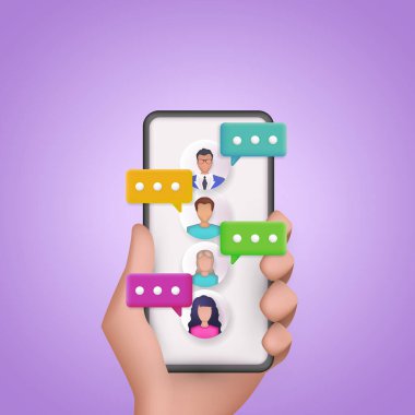 Sosyal medya ekranında ikonlu cep telefonu kullanan insanlar. vektör