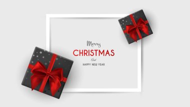 Kırmızı kurdeleli mutlu noel kartları, toplar. vektör illüstrasyonu