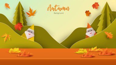 Sonbahar soyut arka plan stüdyo masası, origami ağaçları ve tepeleri olan ürün sergisi.
