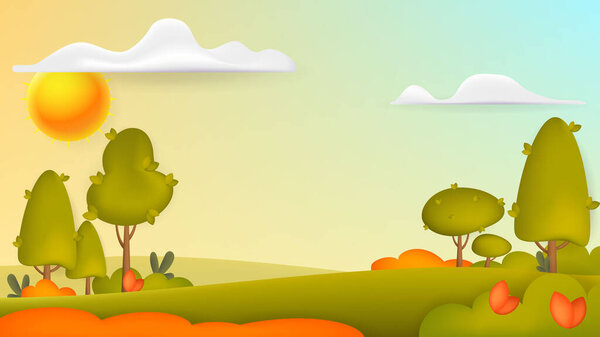 Autumn сельский пейзаж с желтыми, красными деревьями в 3D стиле. Векторная иллюстрация. Осенняя сцена, октябрьское поле с жёлтыми деревьями.