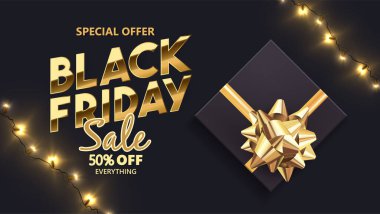 Kara Cuma Altın Yazı Tipi ve Kara Hediye Kutusu, İndirimli Satış Tanıtım Arkaplanı. Vektör Tasarımı.