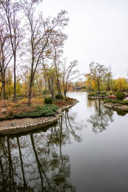Sahildeki ağaçlar ve çalılar, taş kıyılar, köprü, nehir, göl, suya yansıyan ağaçlar, sarı-kırmızı, yapraklar, renkler, bulutlar, sonbahar, modern manzara,