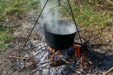 Alevlerin üzerinde asılı büyük bir kazan, yemek, açık hava, odun, kamp ateşi, yaz, çim, kamp, dinlenme, odun, piknik, kamp, po