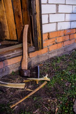 Balta, bahçe aleti, odun parçaları, kütükler, çimenlerin arasında, taze, beyaz kulübe, duvar, bahar, sebze bahçesi, bahçe.,