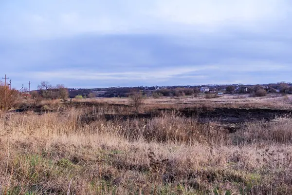 Kara kavrulmuş çimenler, kuru sazlıklar, ekolojik felaketler, yangından sonra, yanmış toprak, ağaçlar, çalılar, kırsallar, otların arasındaki patika, köyün arkasında, çıplak, rüzgar, uzak plan, manzara, çayır, yabani ot, gökyüzü, bulutlar,