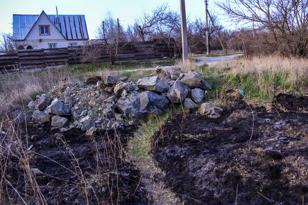 Yeşil çimen yolu, her iki tarafta da kavrulmuş çimenler, bahar yeşillikleri arasında, yangın, toprak, kül, yığın taşları, özel ev, kuru ot sapları, ekolojik felaket, kırsal alan, çıplak çayır, vahşi, erken bahar, park, doğa, bahçe...,
