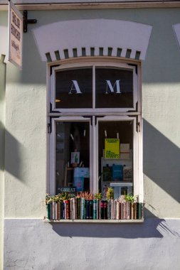 büyük pencere, pencere eşiğinde, kitap kapakları bir çiçek kutusu olarak, dışarıda, bitkiler, kenevir, selvi, sarmaşık, yemyeşil, süs çalı, okuma odası, kütüphane, kafeterya, ev duvarları, kaldırım taşları, bina dekoru, yürüyüş, turizm, seyahat, dekorasyon