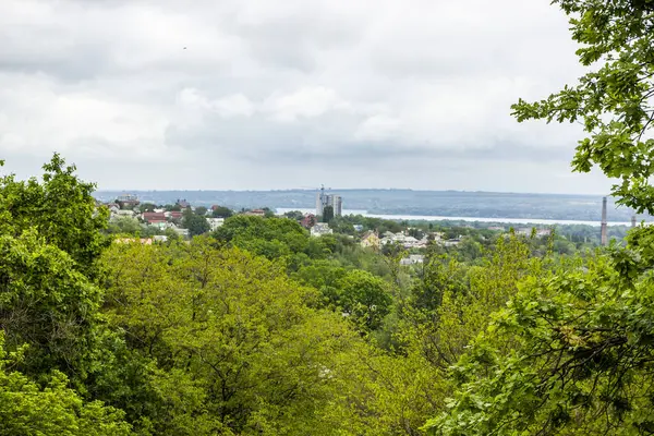 Yüksek binalar, özel evler, nehir, orman, tepeden ufuk, şehirden uzakta, ufukta gri bulutlar, yağmurdan önce, bahar, yeşillik, uzak plan