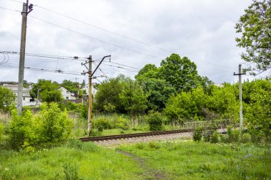 Demiryolu rayları, raylar, uykucular, elektrik direkleri, yan görüş, yeşil orman şeridi, evler uzakta, şehir dışında, manzara, günlük yaşam, yürüyüş, yol, yol, ulaşım