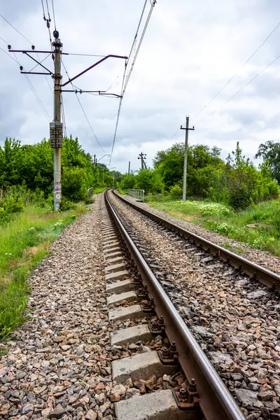 seyahat, demiryolu, raylar, uykucular, elektrik direkleri, yol kenarı manzarası, yol kenarındaki karışık çimenler, yeşil orman şeridi, şehir dışındaki manzara, günlük yaşam, yürüyüş, kırsal, yürüyüş, yolculuk, yol, yol, ulaşım