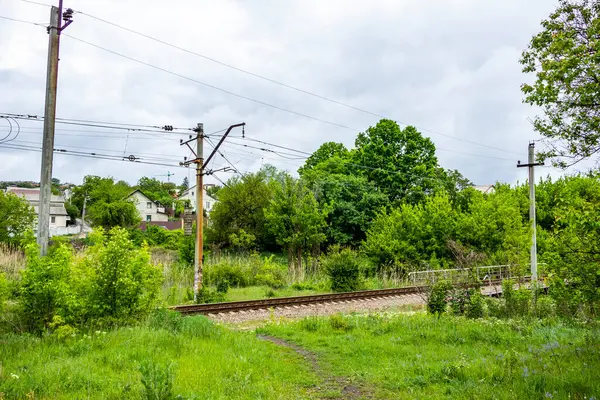 Demiryolu rayları, raylar, uykucular, elektrik direkleri, yan görüş, yeşil orman şeridi, evler uzakta, şehir dışında, manzara, günlük yaşam, yürüyüş, yol, yol, ulaşım