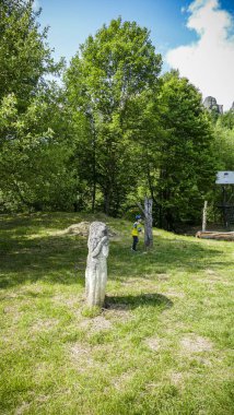 Yetişkinler, çocuklar, gençler tahta köprü boyunca, kır yolunda, küçük dağ nehri boyunca, sırt çantaları, orman, dağlar, büyük taşlar, gezinti, seyahat, dinlenme, yeşillik, doğa, yol, ahşap