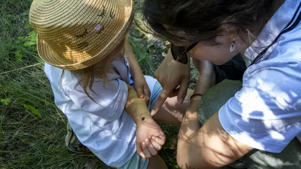 Sarışın kız, 6 yaşında, yaz şapkalı, elinde uğur böceği, annesiyle birlikte ormanda, yürüyüş, böcek, aile, seyahat, turistler, çocukluk, kız çocuğu, açık hava, kadın