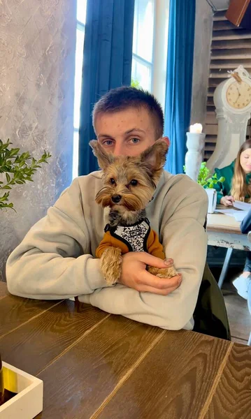 Jovem Sorridente Senta Café Com Pequeno Cachorro Yorkie Fim Semana — Fotografia de Stock