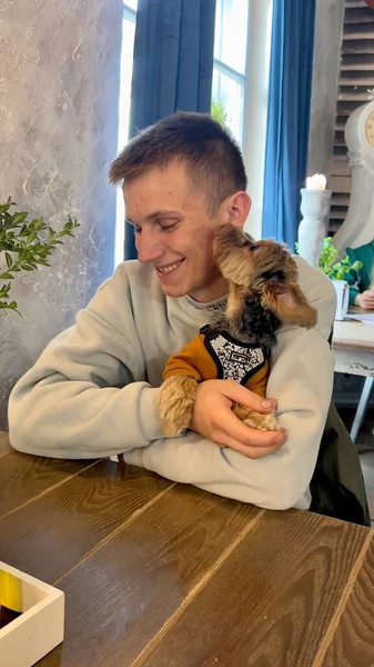 Усміхнений Молодий Чоловік Сидить Кафе Маленьким Собакою Йоркі Вихідних — стокове фото