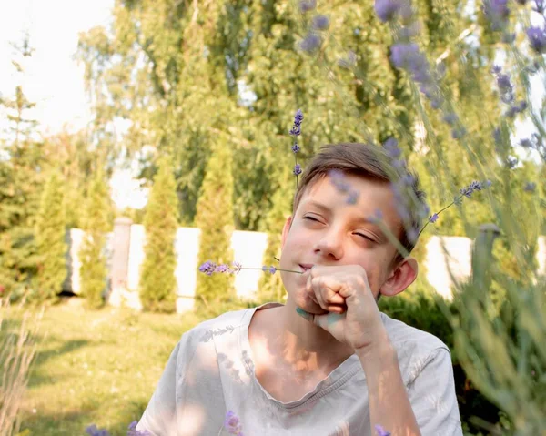 Милый Двенадцатилетний Мальчик Фиолетовых Цветах Лаванды Солнце Чувствуя Себя Счастливым — стоковое фото