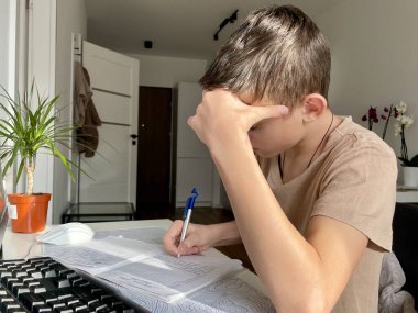 Genç bir çocuk bilgisayar ekranının önünde ödev yapıyor..