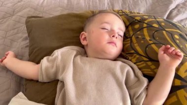 Küçük bir çocuk gün boyunca mışıl mışıl uyuyor, bir Yorkie köpeği yakınlarda yatıyor.