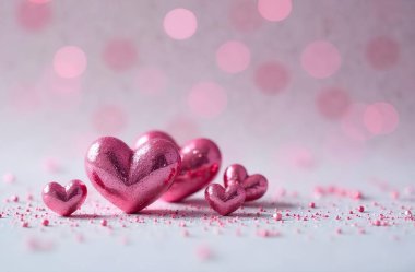 Gri bokeh ile beyaz bir arka planda farklı boyutlarda pembe parıltılı kalpler. 