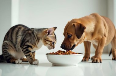 İki tatlı kedi ve bir kase yemek.