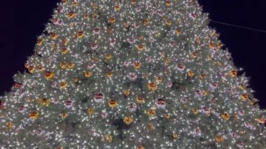Büyük ve uzun bir Noel ağacı, çelenkler ve Noel süslemeleriyle süslenmiş, geceleri şehir merkezinde parlıyor.