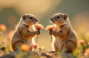 Two marmots stand in a field with flowers in their hands. High quality photo clipart