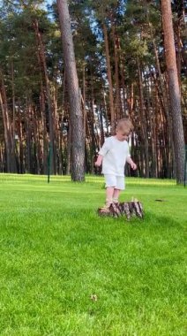 Küçük bir çocuk parkta oynarken eğleniyor, çocuk bir kütüğün üzerinde duruyor ve üzerinden atlıyor.
