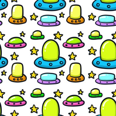 Şirin UFO el şafak karalama çizimi kusursuz desen. Giysi, kumaş, ambalaj, tekstil, duvar kağıdı için kullanılabilir.