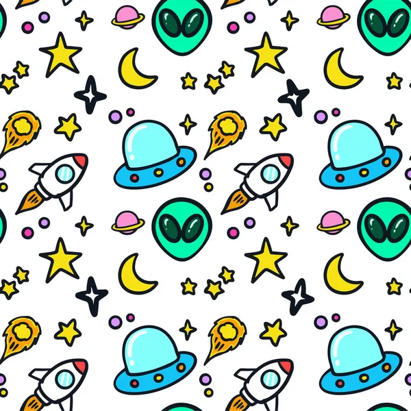 Uzaylı, roket ve uzay nesneleri çizimi kusursuz desen. Giysi, kumaş, ambalaj, tekstil, duvar kağıdı için kullanılabilir.