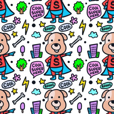 Şirin nesnelerle komik küçük köpek süper kahraman çizgi film çizimleri kusursuz desenler çiziyor. Çocuk giysileri, kumaş, ambalaj, tekstil, duvar kağıdı için kullanılabilir.