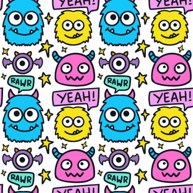 El çizimi komik küçük canavarlar çizimi kusursuz desenler. Çocuk giysileri, kumaş, ambalaj, tekstil, duvar kağıdı için kullanılabilir.