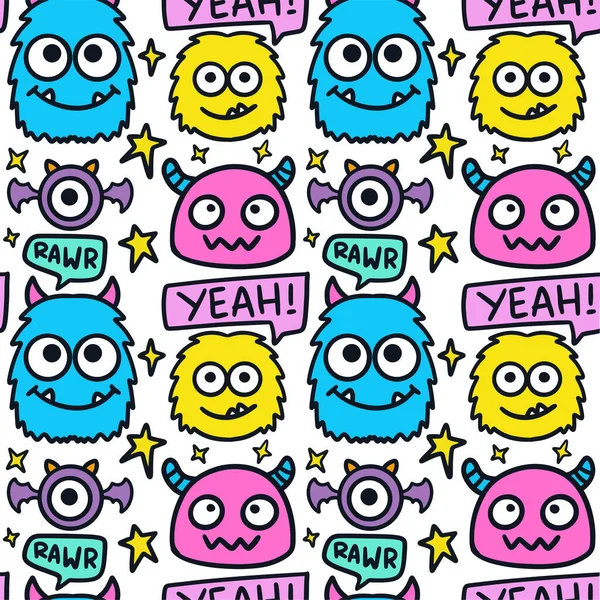 El çizimi komik küçük canavarlar çizimi kusursuz desenler. Çocuk giysileri, kumaş, ambalaj, tekstil, duvar kağıdı için kullanılabilir.