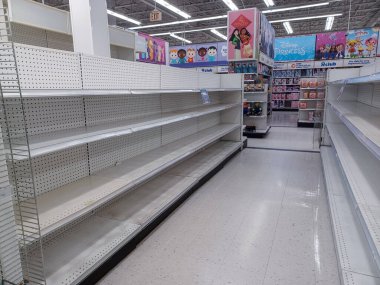 Toronto, On, Kanada - 27 Ocak 2024: Oyuncakçıdaki oyuncaklarla birlikte raflara bakın