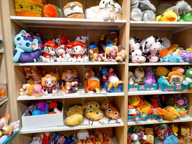 Toronto, On, Kanada - 30 Ocak 2024: Indigo Baby mağazasındaki oyuncakların olduğu raflara bakın